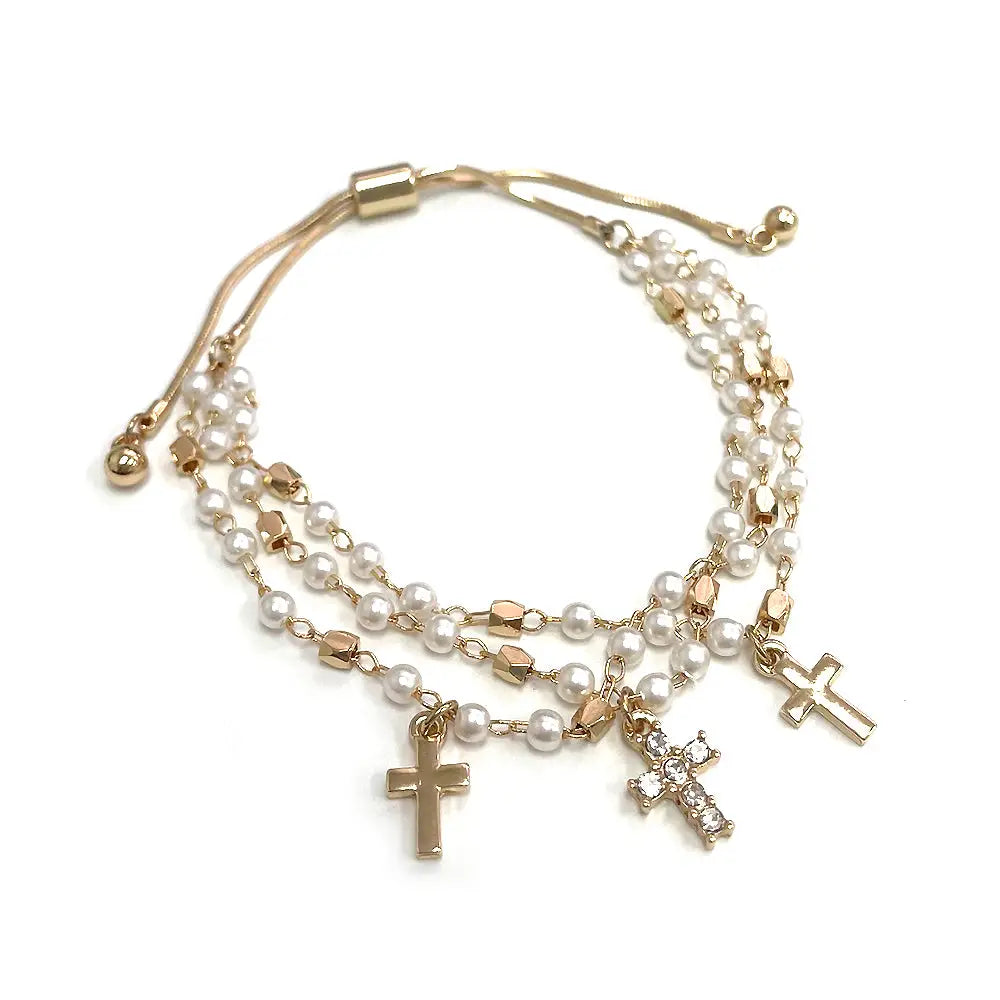 Gold & Pearl Cross Charm Bracelet