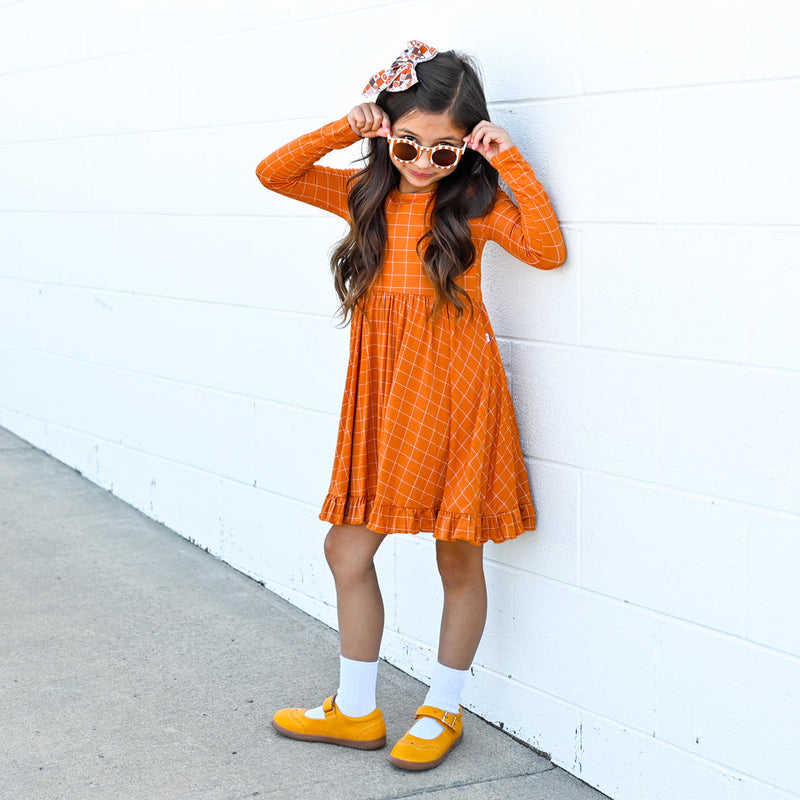 Pumpkin Grid Bamboo Ruffle Dress