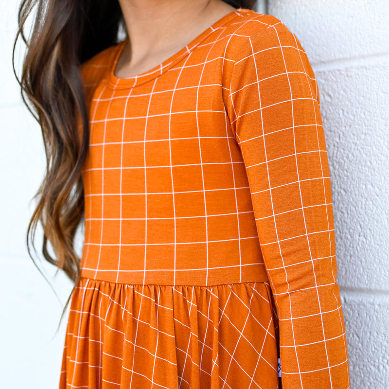 Pumpkin Grid Bamboo Ruffle Dress