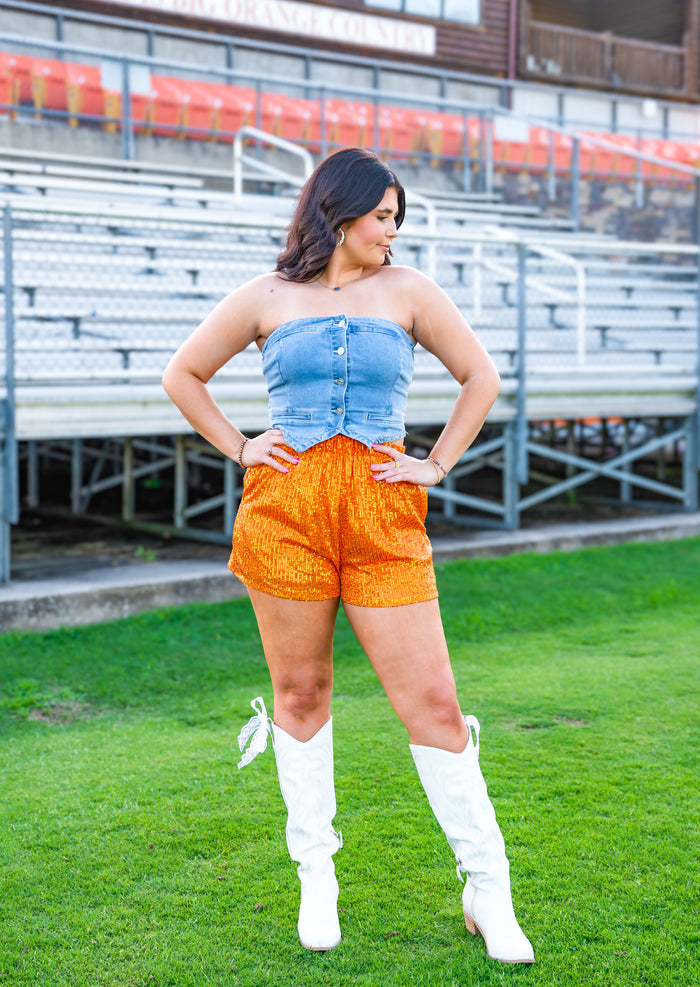 True Fan Orange Sequin Shorts