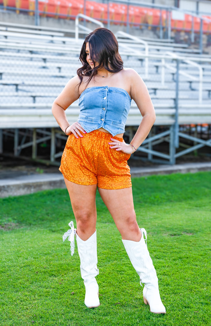 True Fan Orange Sequin Shorts