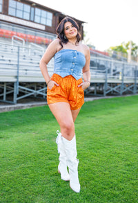 True Fan Orange Sequin Shorts