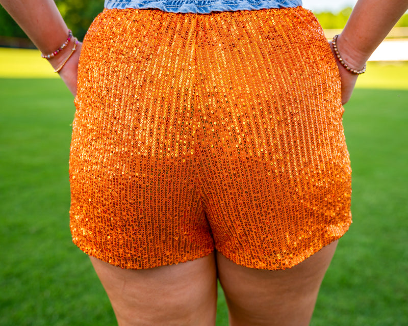 True Fan Orange Sequin Shorts