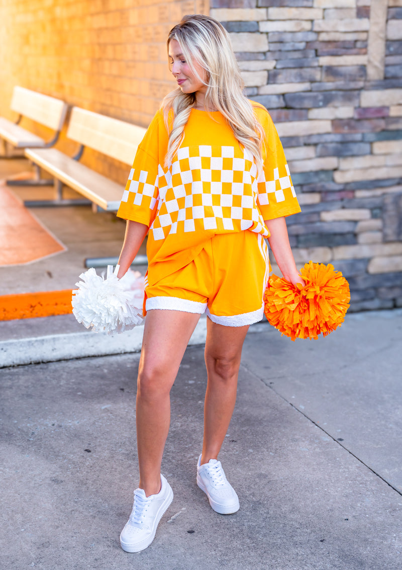 Game Time Orange and White Sequin Shorts