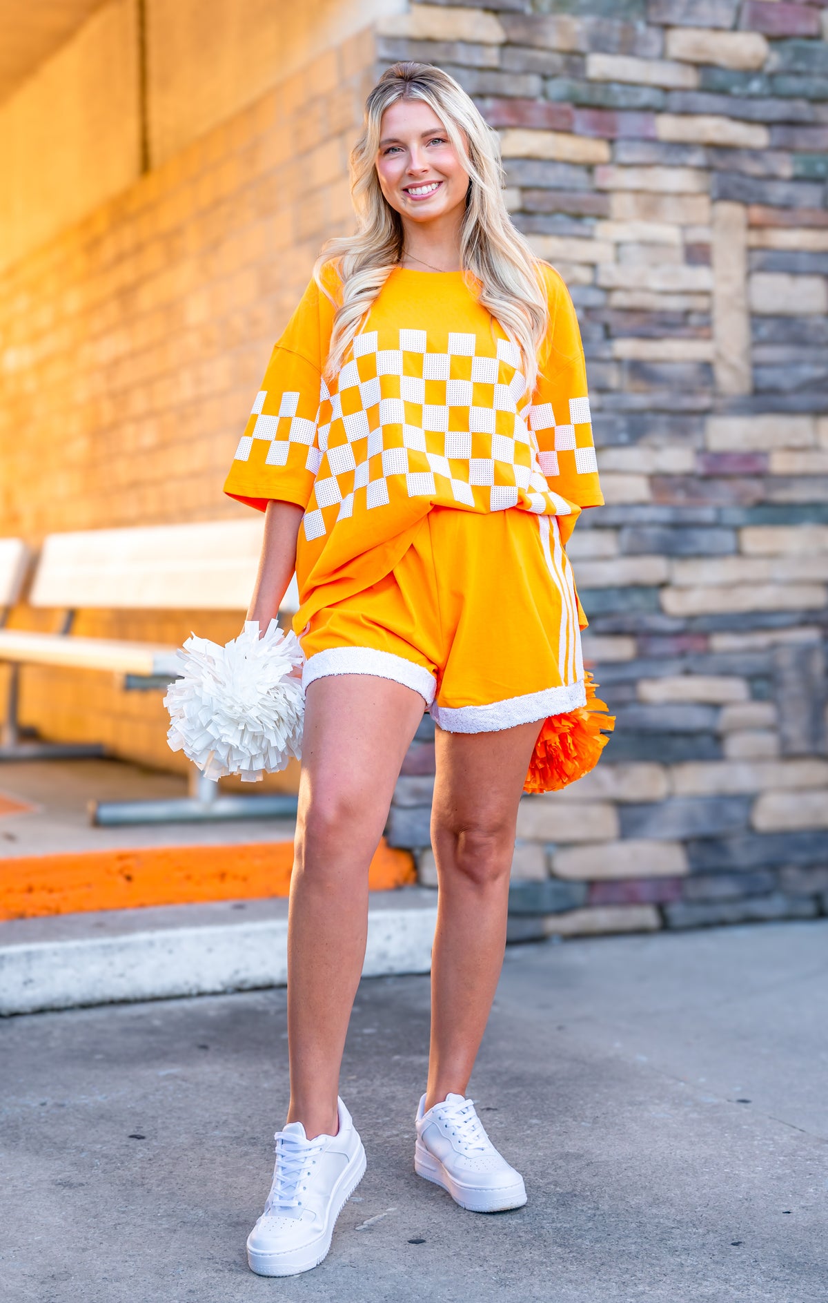 Game Time Orange and White Sequin Shorts