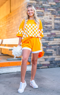 Game Time Orange and White Sequin Shorts