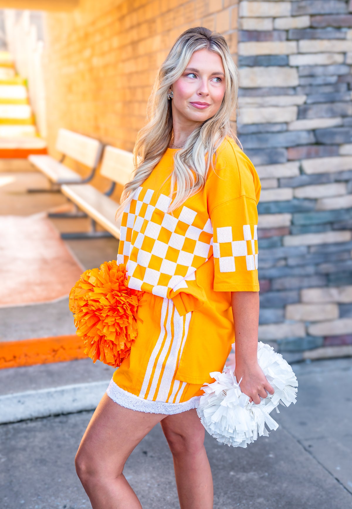 Game Time Orange and White Sequin Shorts