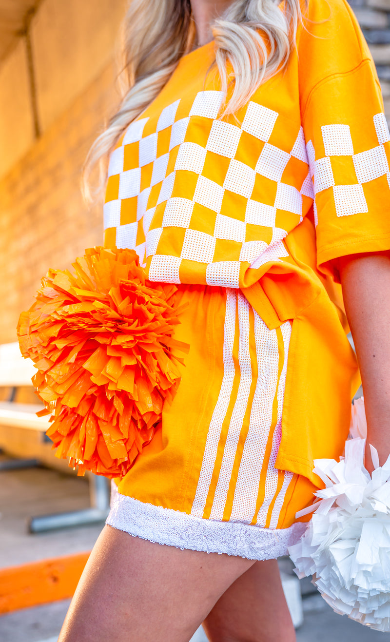 Game Time Orange and White Sequin Shorts