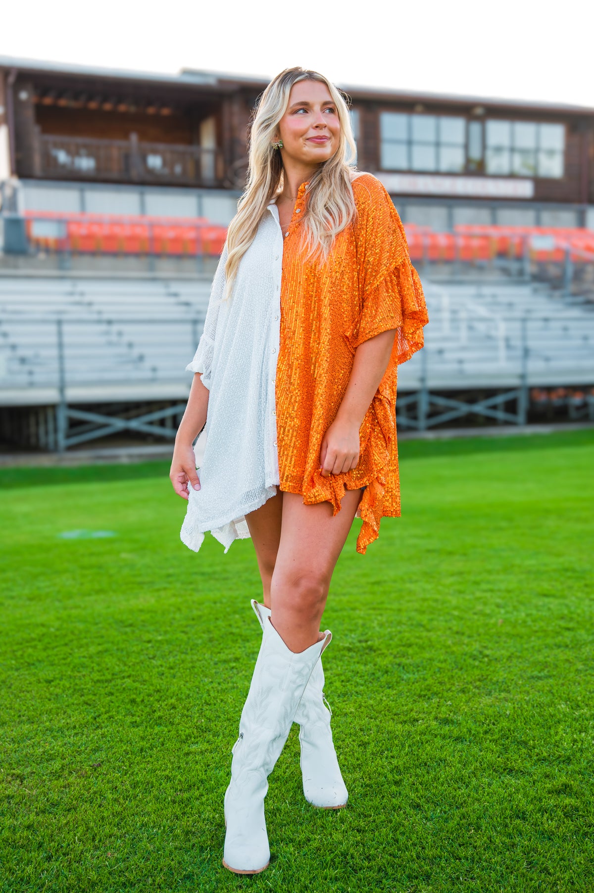 True Fan Orange and White Sequin Oversize Top