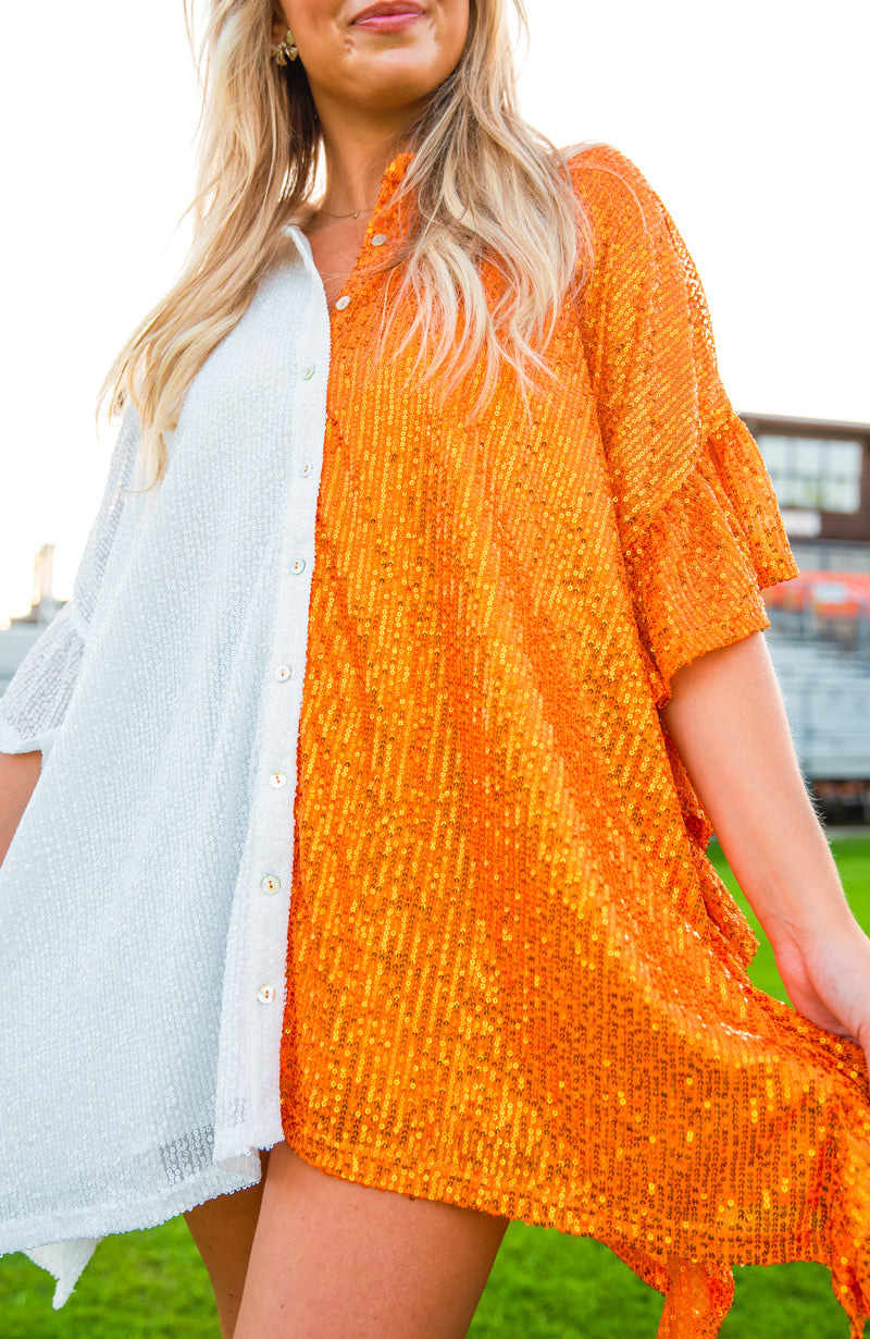 True Fan Orange and White Sequin Oversize Top