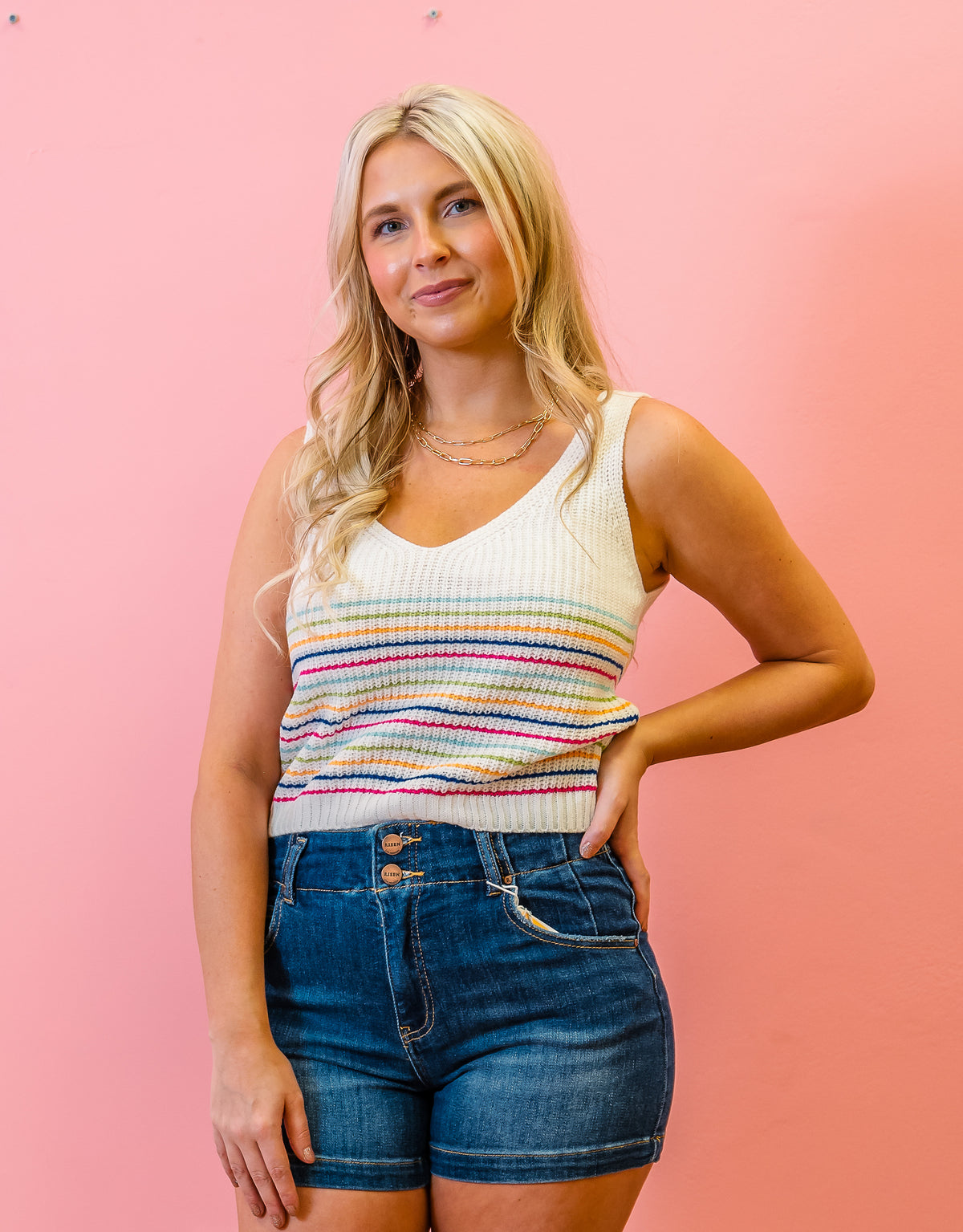 Best Life White Multi Stripe Tank