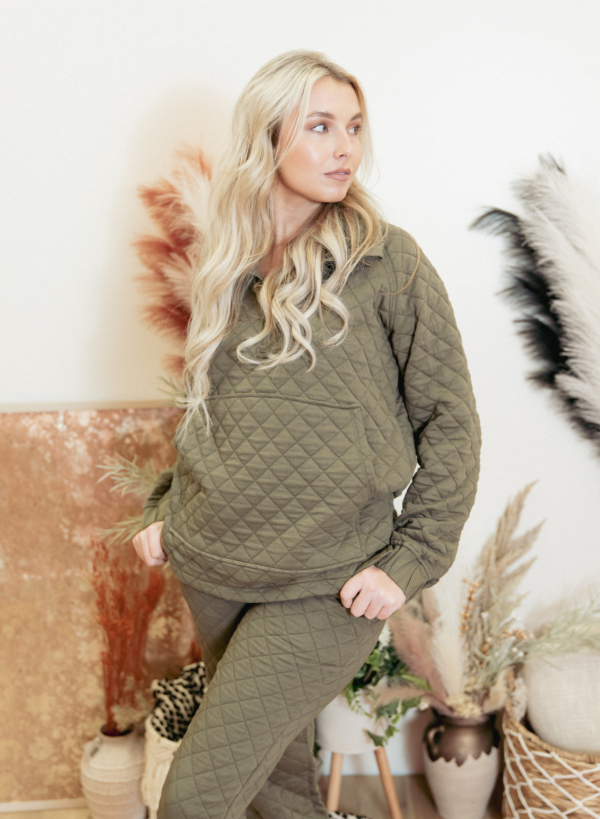 Make the Best of It Olive Quilted Half Zip Top