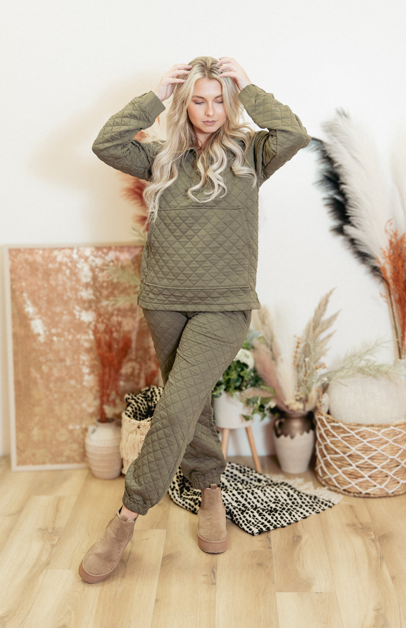 Make the Best of It Olive Quilted Half Zip Top