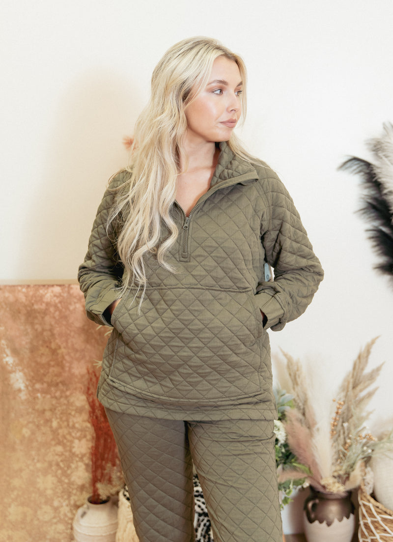 Make the Best of It Olive Quilted Half Zip Top