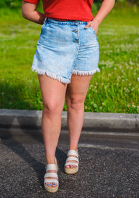 Light Wash Denim Fray Skort