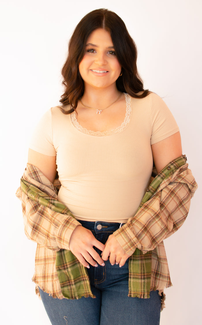 Lace Trimmed Khaki Top