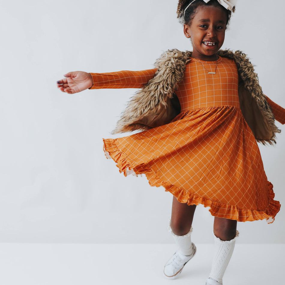 Pumpkin Grid Bamboo Ruffle Dress