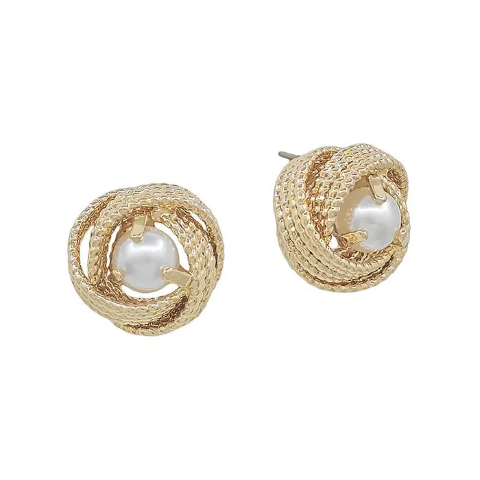 Gold Textured Pearl Stud Earring